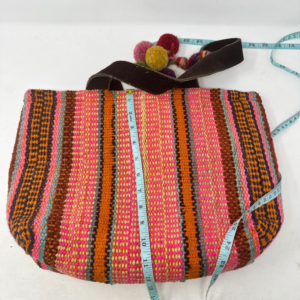 Peruvian Connection Handwoven Tote Bag Pink Striped Wool Pom Pom Boho Artisan - Picture 12 of 12